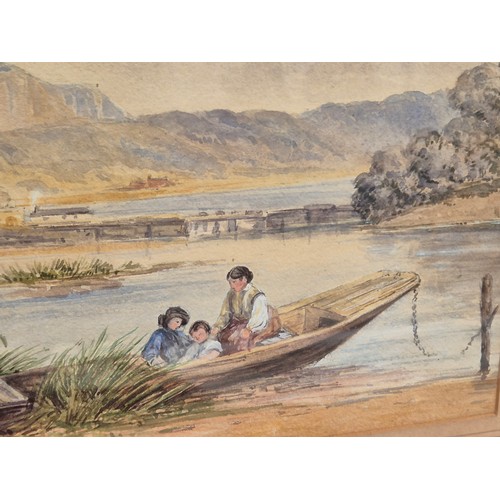 139 - Antique watercolour painting of a rural waterside scene, with a mother and children in a boat in the... 