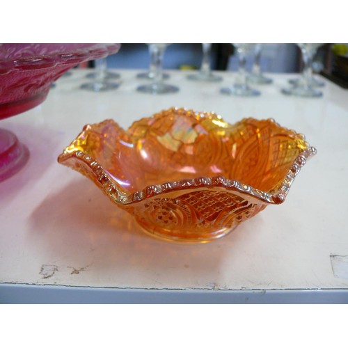 197 - LARGE PINK GLASS CAKE STAND BY PAPERCHASE PLUS A CARNIVAL GLASS BOWL