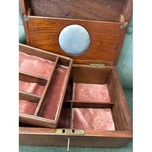 7 - A VICTORIAN MAHOGANY JEWELLERY OR SEWING BOX WITH INNER TRAY AND PINCUSHION PANEL TO INNER LID