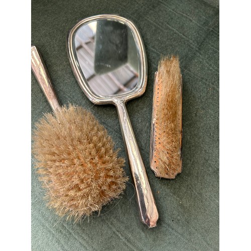 10 - STERLING SILVER 3 PIECE DRESSING TABLE SET OF MIRROR AND 2 BRUSHES. ENGINE TURNED DECORATION WITH 