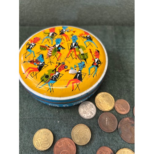 13 - VINTAGE GEORGE W HORNER SWEET TIN WITH CONTENTS OF BRITISH AND FOREIGN COINS