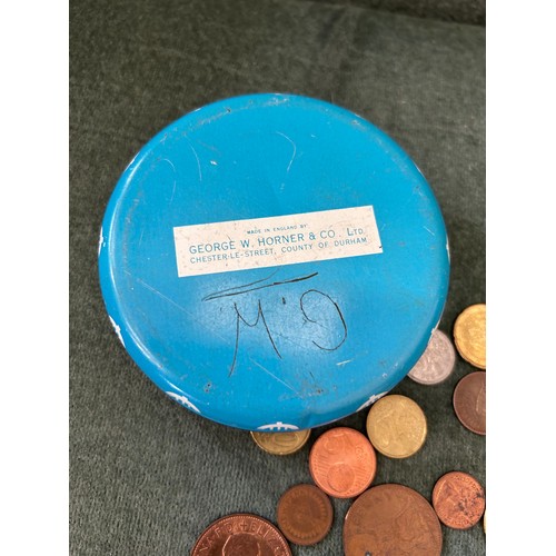 13 - VINTAGE GEORGE W HORNER SWEET TIN WITH CONTENTS OF BRITISH AND FOREIGN COINS