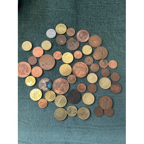 13 - VINTAGE GEORGE W HORNER SWEET TIN WITH CONTENTS OF BRITISH AND FOREIGN COINS