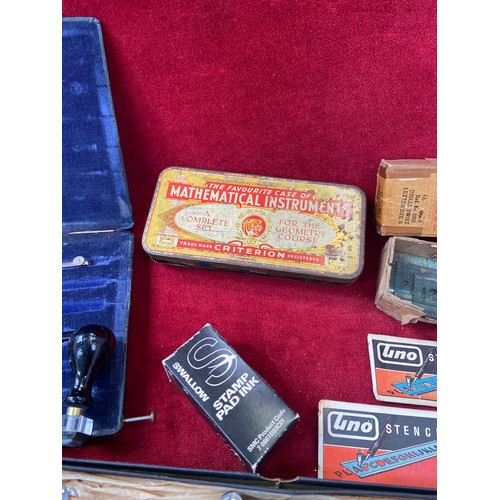 25 - Lot of technical drawing/printing/stamping stationary and instruments. Including Beam Compass (Tramm... 