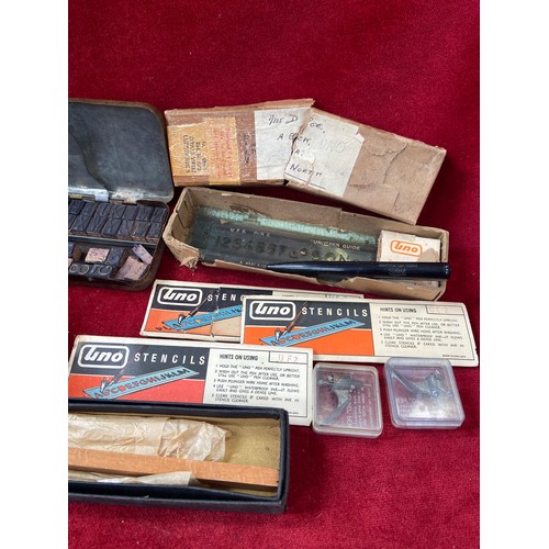 25 - Lot of technical drawing/printing/stamping stationary and instruments. Including Beam Compass (Tramm... 
