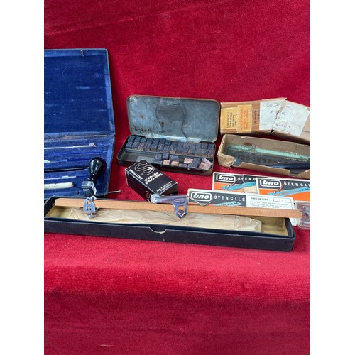 25 - Lot of technical drawing/printing/stamping stationary and instruments. Including Beam Compass (Tramm... 