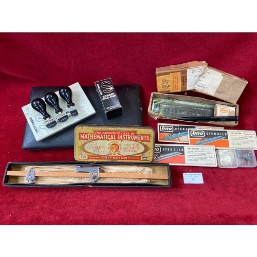 25 - Lot of technical drawing/printing/stamping stationary and instruments. Including Beam Compass (Tramm... 