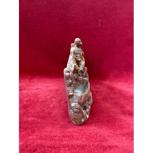 43 - Chinese carved soapstone sculpture featuring monkeys and birds among foliage. Reddish-brown hue, wit... 
