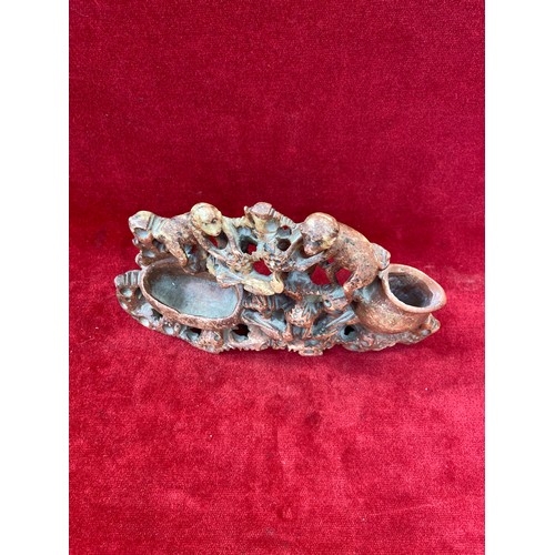 43 - Chinese carved soapstone sculpture featuring monkeys and birds among foliage. Reddish-brown hue, wit... 