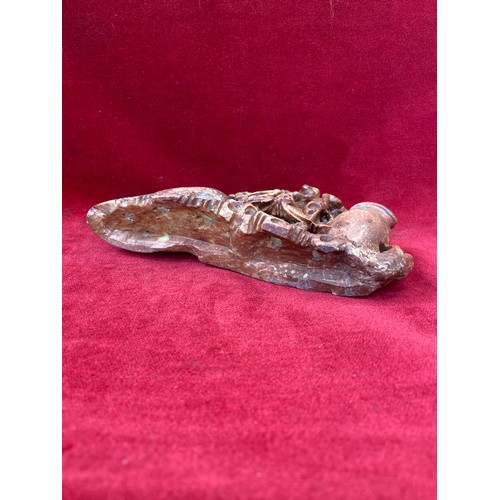 43 - Chinese carved soapstone sculpture featuring monkeys and birds among foliage. Reddish-brown hue, wit... 