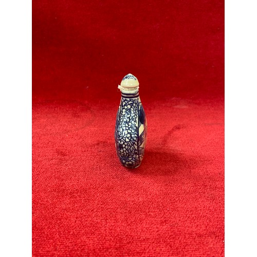 46 - Chinese porcelain blue and white snuff bottle, decorated with erotic scenes on each side and complet... 