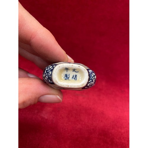 46 - Chinese porcelain blue and white snuff bottle, decorated with erotic scenes on each side and complet... 