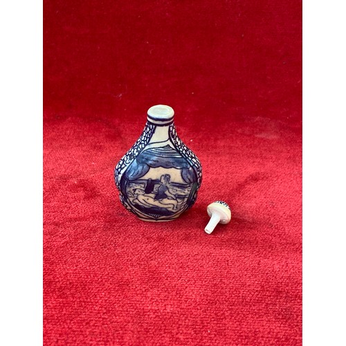 46 - Chinese porcelain blue and white snuff bottle, decorated with erotic scenes on each side and complet... 