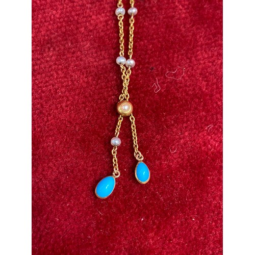 70 - A beautiful Victorian gilt metal (untested), turquoise & pearl bow brooch with pearl and turquoise p... 