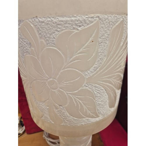115 - Large alabaster table lamp, carved with art nouveau floral details around the cylinder shade and ste... 