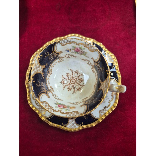 117 - Coalport bone china 'Batwing' pattern tea set, with the distinctive cobalt blue, gilt and floral dec... 
