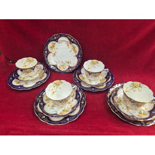 121 - 4x cobalt blue, gilt and floral bone china teacup trios by R&D Redfern Drakeford (with spare side pl... 