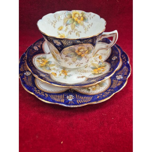 121 - 4x cobalt blue, gilt and floral bone china teacup trios by R&D Redfern Drakeford (with spare side pl... 