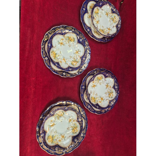 121 - 4x cobalt blue, gilt and floral bone china teacup trios by R&D Redfern Drakeford (with spare side pl... 