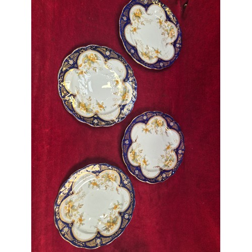 121 - 4x cobalt blue, gilt and floral bone china teacup trios by R&D Redfern Drakeford (with spare side pl... 