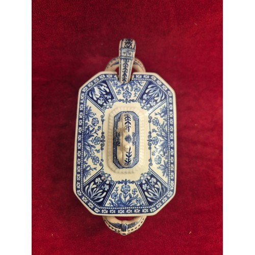 122 - Miniature ironstone pottery sauce tureen with original lid and matching ladle. Rectangular with cut ... 