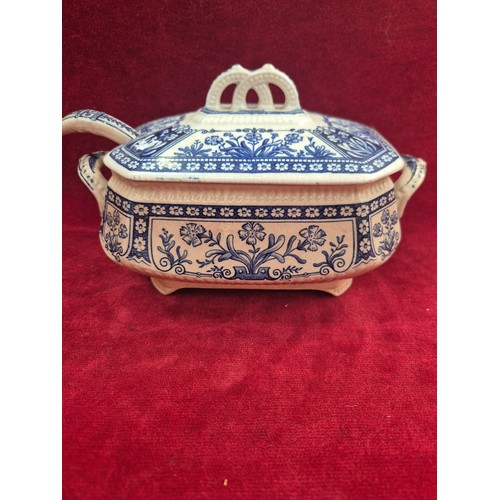 122 - Miniature ironstone pottery sauce tureen with original lid and matching ladle. Rectangular with cut ... 