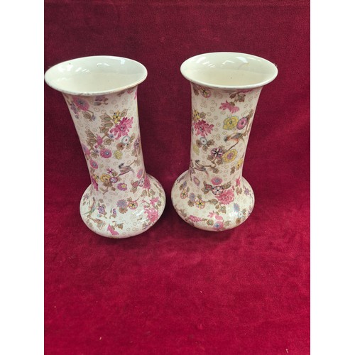 123 - Pair of Crown Ducal boudoir 'White/Ivory Chintz' vases, with delicate floral and exotic bird pattern... 