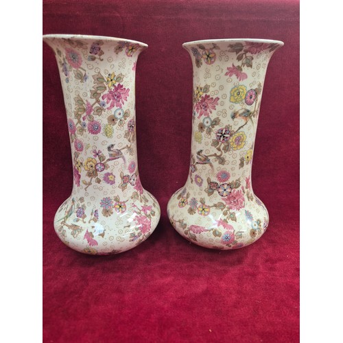 123 - Pair of Crown Ducal boudoir 'White/Ivory Chintz' vases, with delicate floral and exotic bird pattern... 
