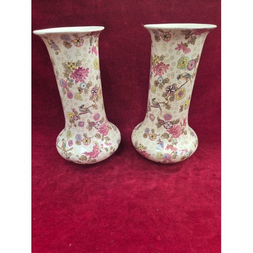 123 - Pair of Crown Ducal boudoir 'White/Ivory Chintz' vases, with delicate floral and exotic bird pattern... 