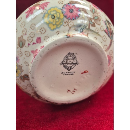 123 - Pair of Crown Ducal boudoir 'White/Ivory Chintz' vases, with delicate floral and exotic bird pattern... 