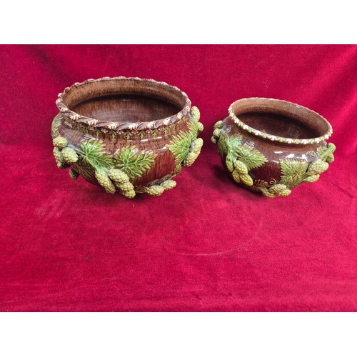 130 - Two early 20thC Rye Sussex Ware art pottery jardinières, decorated with moulded hops. Larger rim 17c... 