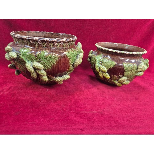 130 - Two early 20thC Rye Sussex Ware art pottery jardinières, decorated with moulded hops. Larger rim 17c... 