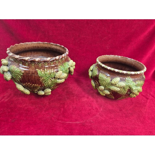 130 - Two early 20thC Rye Sussex Ware art pottery jardinières, decorated with moulded hops. Larger rim 17c... 