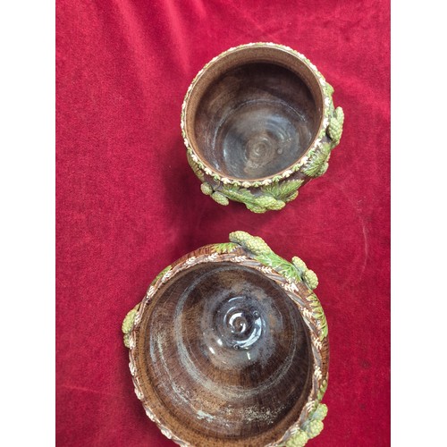 130 - Two early 20thC Rye Sussex Ware art pottery jardinières, decorated with moulded hops. Larger rim 17c... 