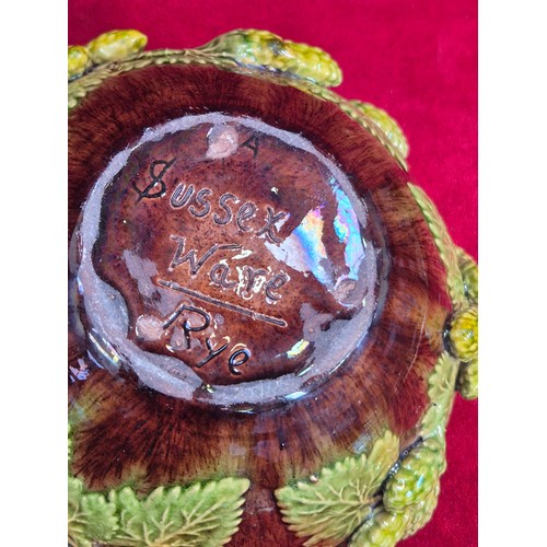 130 - Two early 20thC Rye Sussex Ware art pottery jardinières, decorated with moulded hops. Larger rim 17c... 