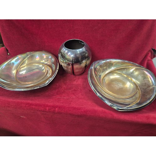 132 - German WMF Ikora silver plated Art Deco vase and two triangular footed dishes.