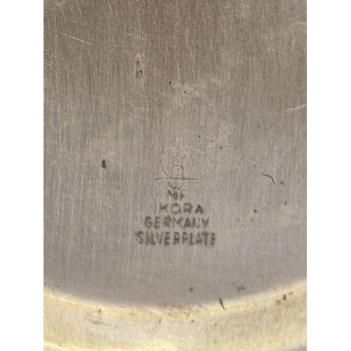 132 - German WMF Ikora silver plated Art Deco vase and two triangular footed dishes.