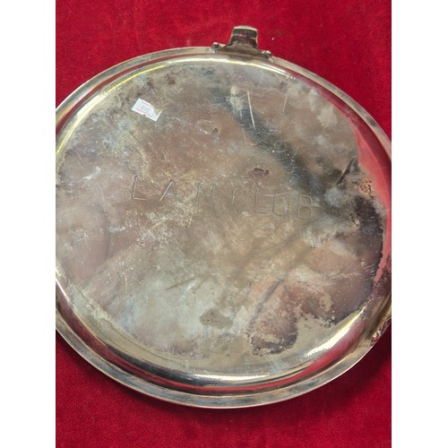 133 - Vintage silver plated oval serving tray, with foliate chased engraving and pierced gallery. 45cm x 3... 