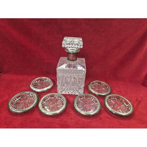 135 - Vintage Italian Leonard silver plated crystal wine coasters (x6) and matching square pressed glass d... 