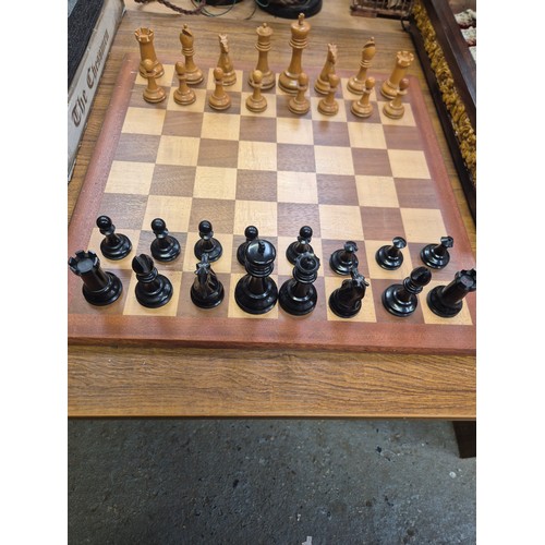 136 - Vintage Staunton Chessmen boxwood chess set, in the original wooden box with remnants of label insid... 