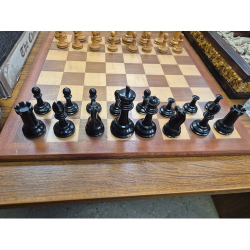 136 - Vintage Staunton Chessmen boxwood chess set, in the original wooden box with remnants of label insid... 