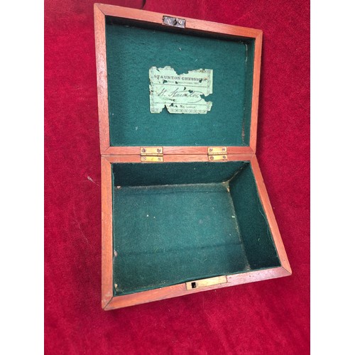 136 - Vintage Staunton Chessmen boxwood chess set, in the original wooden box with remnants of label insid... 