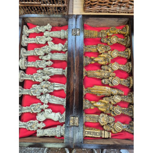 137A - Aztec Mayan style chess set with board - Spanish Conquistador & native pieces - complete.