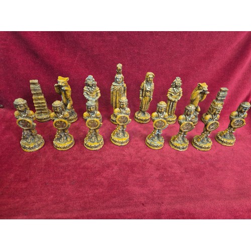 137A - Aztec Mayan style chess set with board - Spanish Conquistador & native pieces - complete.