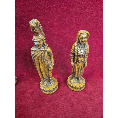 137A - Aztec Mayan style chess set with board - Spanish Conquistador & native pieces - complete.