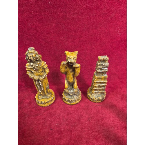137A - Aztec Mayan style chess set with board - Spanish Conquistador & native pieces - complete.