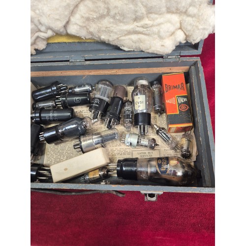 141 - Wooden box of vintage British and American radio valves, including examples from Brimar, National Un... 