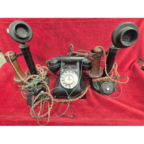 150 - Vintage telephones lot - two upright candlestick telephones for spares or repair, together with a ro... 