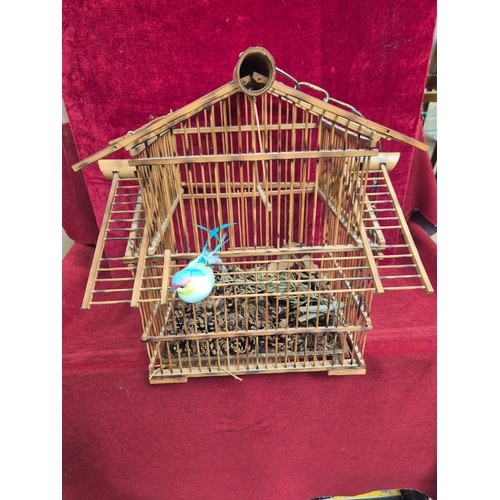 152 - Vintage bamboo songbird cage with hanging chain.