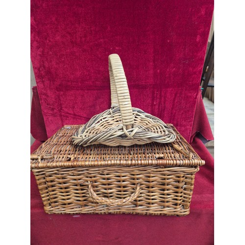 153 - Vintage wicker picnic hamper, together with a wicker flower collecting basket.